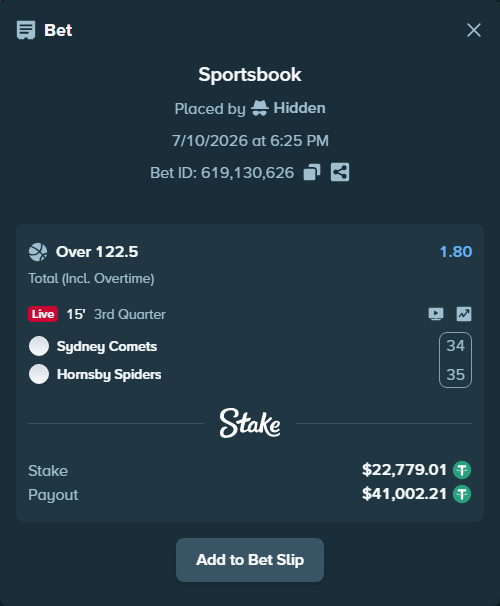 Bet slip: Sydney Comets - Hornsby Spiders, $22,801.79 stake at 1.80 odds, placed by Hidden