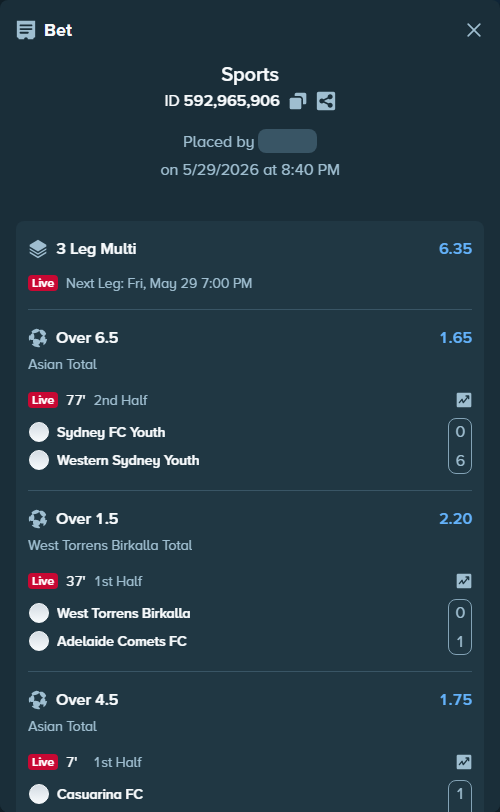 Bet slip: Sydney FC Youth - Western Sydney Youth, $10,000.00 stake at 1.65 odds, placed by Kaidou827