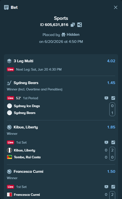 Bet slip: Sydney Ice Dogs - Sydney Bears, $10,000.00 stake at 1.45 odds, placed by Hidden