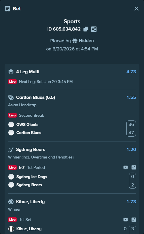 Bet slip: Sydney Ice Dogs - Sydney Bears, $10,000.00 stake at 1.20 odds, placed by Hidden