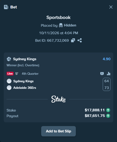 Bet slip: Sydney Kings - Adelaide 36ers, $17,906.00 stake at 4.90 odds, placed by Hidden