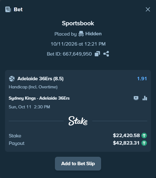 Bet slip: Sydney Kings - Adelaide 36ers, $22,443.00 stake at 1.91 odds, placed by Hidden