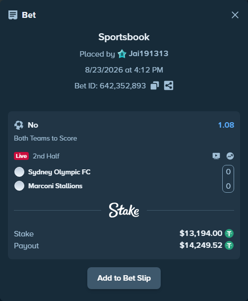 Bet slip: Sydney Olympic FC - Marconi Stallions, $13,194.00 stake at 1.08 odds, placed by Jai191313
