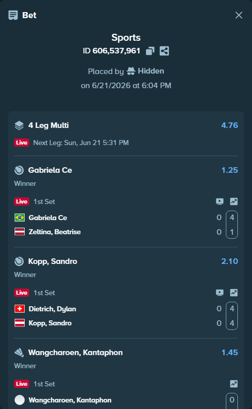 Bet slip: Sydney Roosters - Cronulla-Sutherland Sharks, $10,000.00 stake at 1.25 odds, placed by Hidden