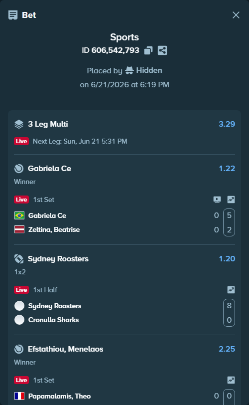 Bet slip: Sydney Roosters - Cronulla-Sutherland Sharks, $10,000.00 stake at 1.20 odds, placed by Hidden