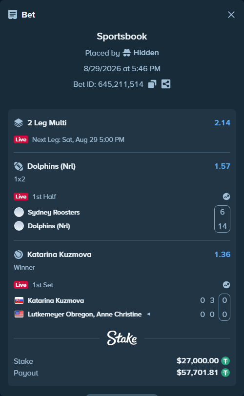 Bet slip: Sydney Roosters - Dolphins (Nrl), $27,000.00 stake at 1.57 odds, placed by Hidden