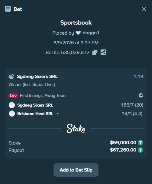 Bet slip: Sydney Sixers SRL - Brisbane Heat SRL, $59,059.00 stake at 1.14 odds, placed by riaggo1