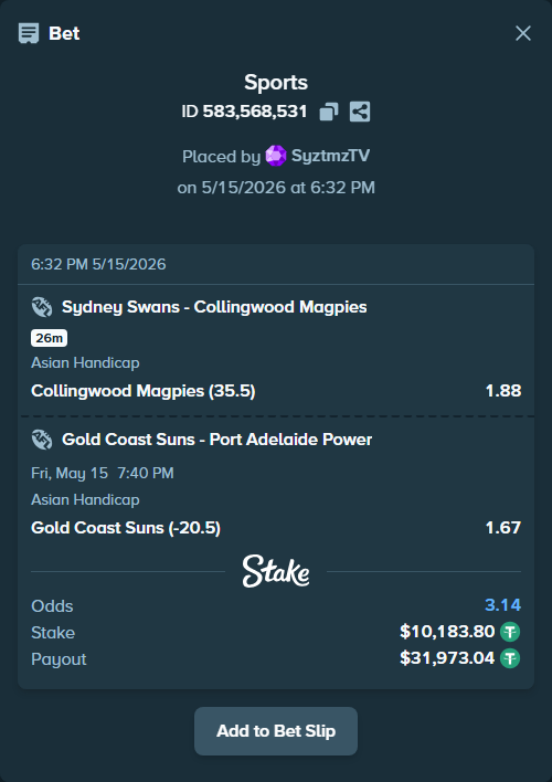 Bet slip: Sydney Swans - Collingwood Magpies, $10,183.80 stake at 1.88 odds, placed by SyztmzTV
