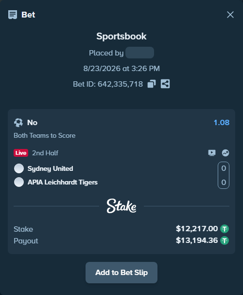 Bet slip: Sydney United 58 FC - APIA Leichhardt, $12,217.00 stake at 1.08 odds, placed by Jai191313