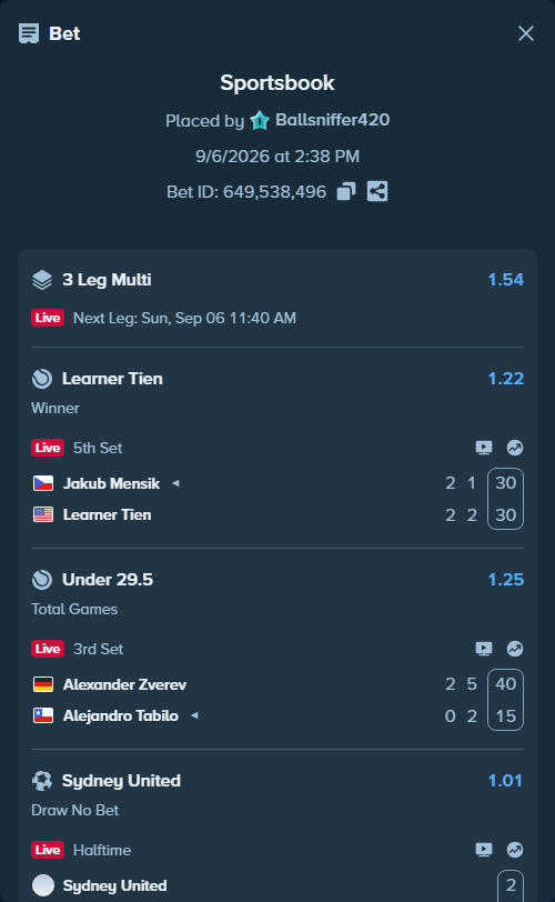 Bet slip: Sydney United 58 FC - Manly United FC, $10,000.00 stake at 1.01 odds, placed by Ballsniffer420