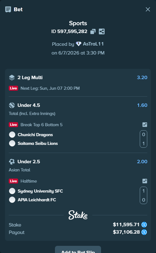 Bet slip: Sydney University SFC - APIA Leichhardt FC, $11,595.71 stake at 2.00 odds, placed by AsTraL11