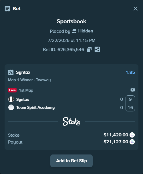 Bet slip: Syntax - Team Spirit Academy, $10,747.09 stake at 1.85 odds, placed by Hidden
