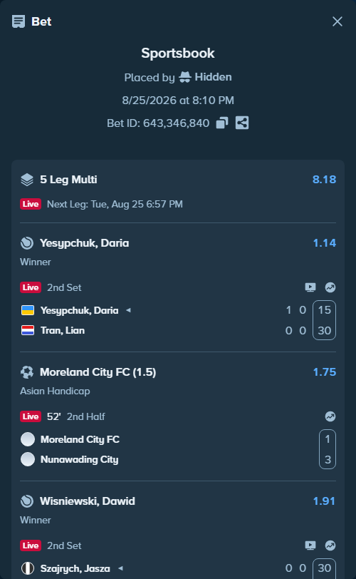 Bet slip: Szajrych, Jasza - Wisniewski, Dawid, $10,000.00 stake at 1.91 odds, placed by Hidden