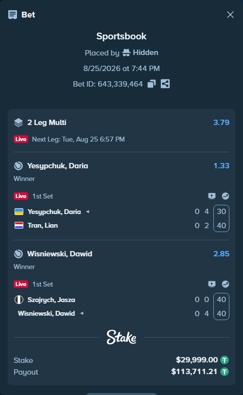 Bet slip: Szajrych, Jasza - Wisniewski, Dawid, $29,999.00 stake at 2.85 odds, placed by Hidden