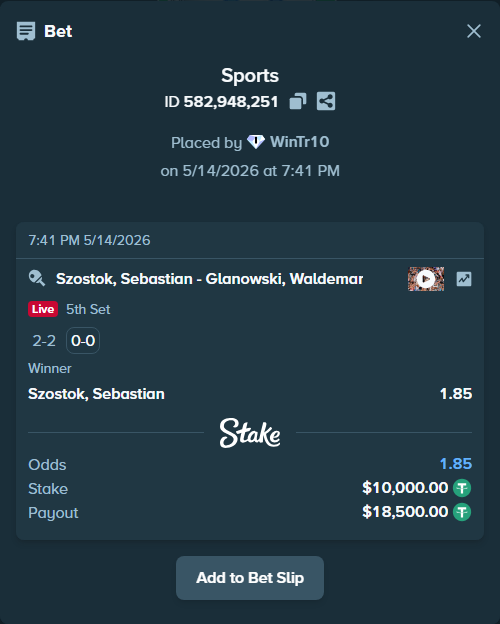Bet slip: Szostok, Sebastian - Glanowski, Waldemar, $10,000.00 stake at 1.85 odds, placed by WinTr10