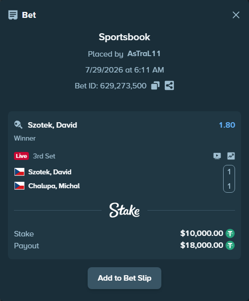 Bet slip: Szotek, David - Chalupa, Michal, $10,010.00 stake at 1.80 odds, placed by AsTraL11