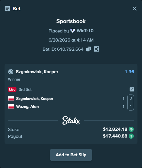 Bet slip: Szymkowiak, Kacper - Wazny, Alan, $12,837.00 stake at 1.36 odds, placed by WinTr10