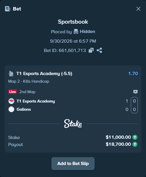 Bet slip: T1 Esports Academy - Galions, $11,000.00 stake at 1.70 odds, placed by 도다리