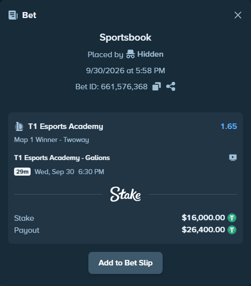 Bet slip: T1 Esports Academy - Galions, $16,000.00 stake at 1.65 odds, placed by 도다리