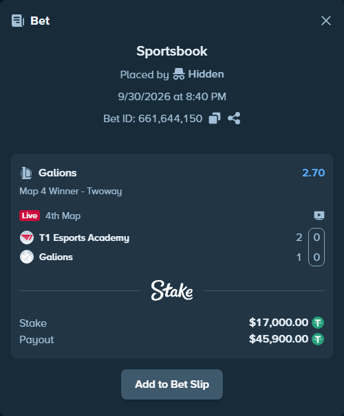 Bet slip: T1 Esports Academy - Galions, $17,000.00 stake at 2.70 odds, placed by 도다리