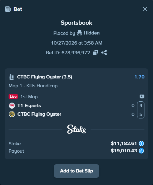 Bet slip: T1 Esports - CTBC Flying Oyster, $11,182.61 stake at 1.70 odds, placed by Hidden