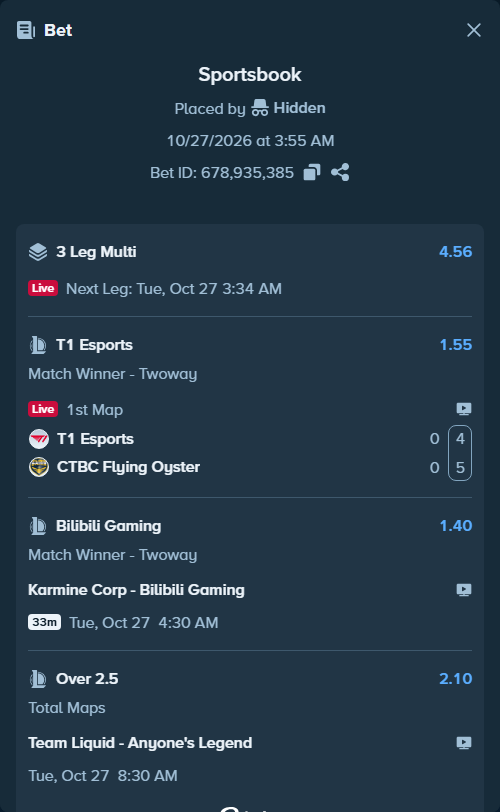 Bet slip: T1 Esports - CTBC Flying Oyster, $50,000.00 stake at 1.55 odds, placed by Hidden