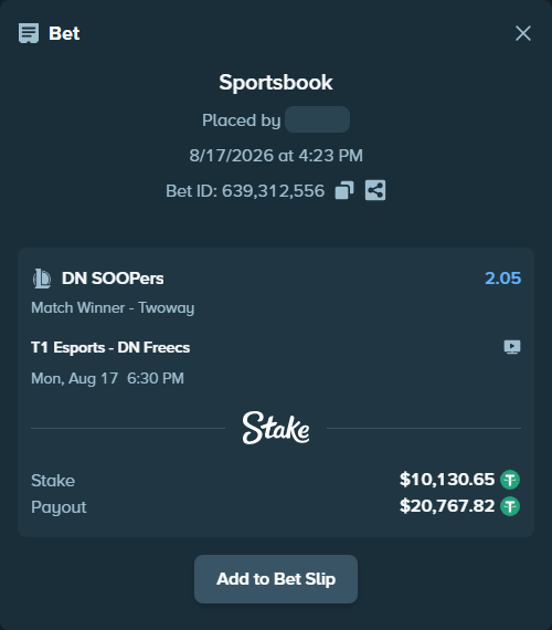 Bet slip: T1 Esports - DN SOOPers, $10,140.78 stake at 2.05 odds, placed by fantasy7788