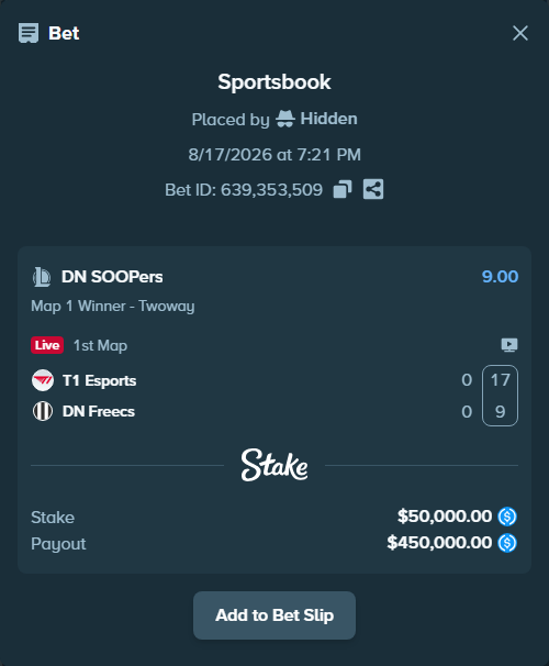 Bet slip: T1 Esports - DN SOOPers, $50,000.00 stake at 9.00 odds, placed by Hidden