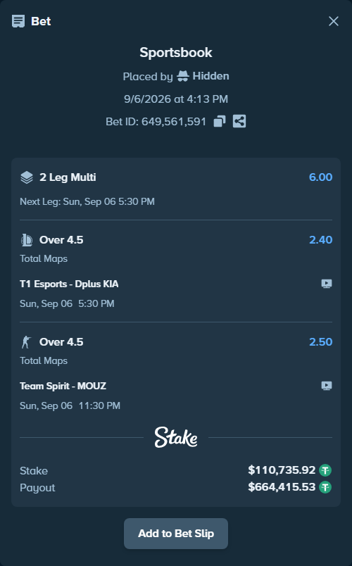Bet slip: T1 Esports - Dplus KIA, $110,724.85 stake at 2.40 odds, placed by Hidden