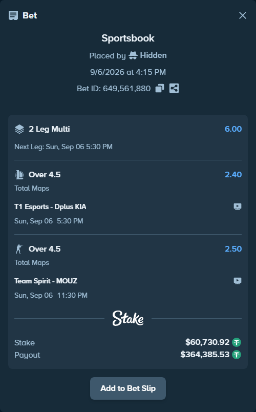 Bet slip: T1 Esports - Dplus KIA, $60,724.85 stake at 2.40 odds, placed by Hidden