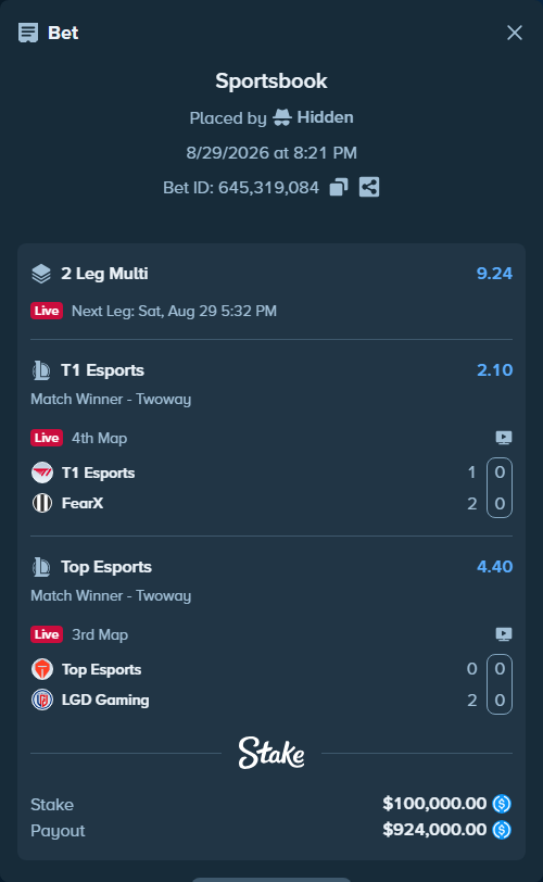 Bet slip: T1 Esports - FearX, $100,000.00 stake at 2.10 odds, placed by Hidden