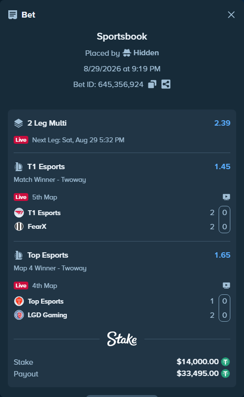 Bet slip: T1 Esports - FearX, $14,000.00 stake at 1.45 odds, placed by Hidden