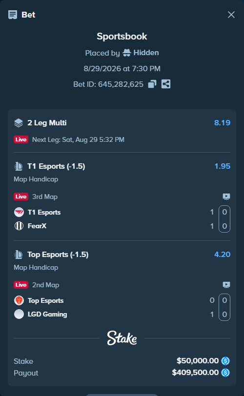 Bet slip: T1 Esports - FearX, $50,000.00 stake at 1.95 odds, placed by Hidden