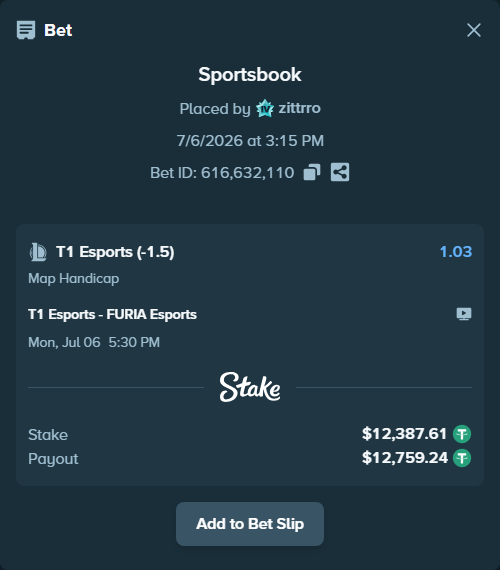 Bet slip: T1 Esports - FURIA Esports, $12,400.00 stake at 1.03 odds, placed by zittrro