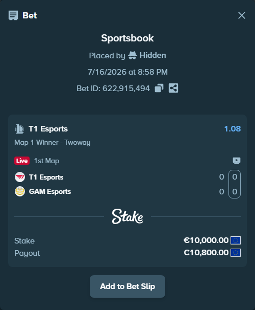 Bet slip: T1 Esports - GAM Esports, $10,800.00 stake at 1.08 odds, placed by Hidden