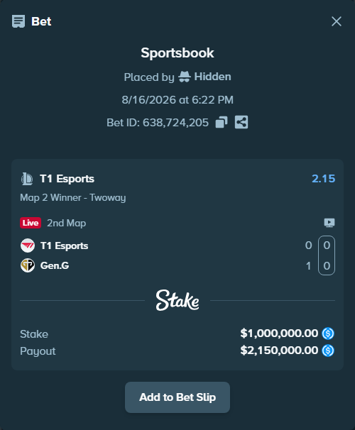 Bet slip: T1 Esports - Gen.G, $1,000,000.00 stake at 2.15 odds, placed by Hidden
