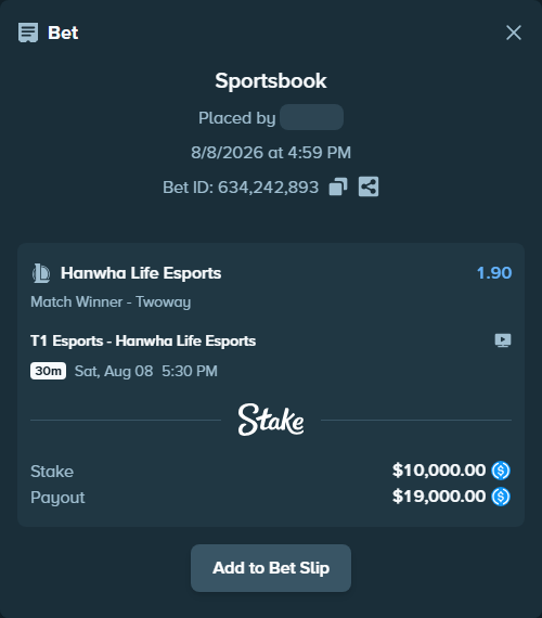 Bet slip: T1 Esports - Hanwha Life Esports, $10,000.00 stake at 1.90 odds, placed by bappuji668