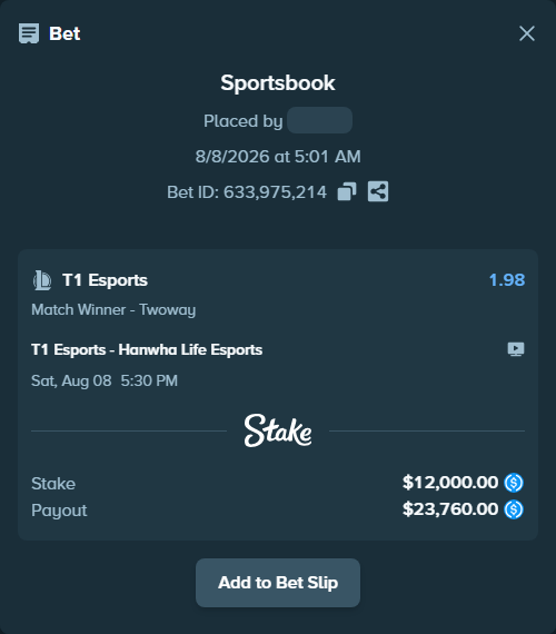 Bet slip: T1 Esports - Hanwha Life Esports, $12,000.00 stake at 1.98 odds, placed by kievpanda
