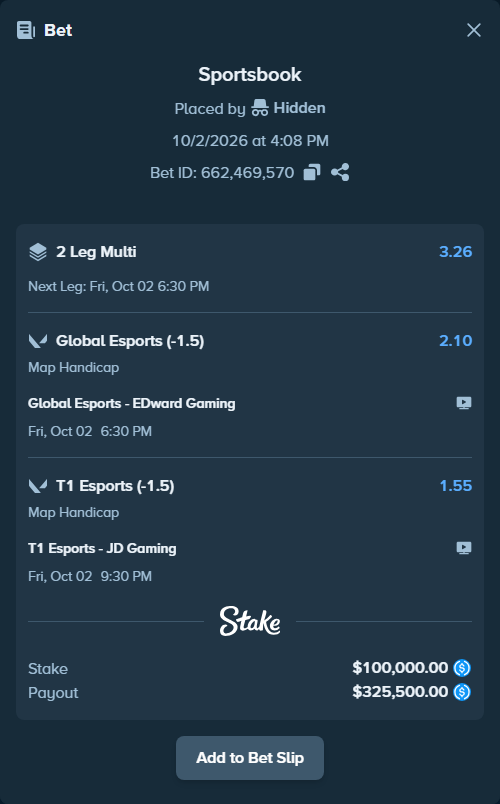 Bet slip: T1 Esports - JD Gaming, $100,000.00 stake at 1.55 odds, placed by Hidden