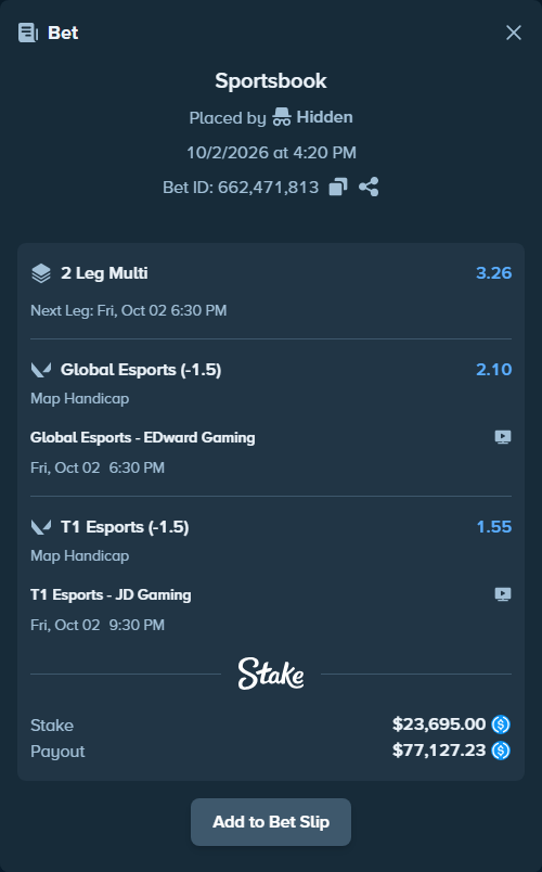 Bet slip: T1 Esports - JD Gaming, $23,695.00 stake at 1.55 odds, placed by Hidden