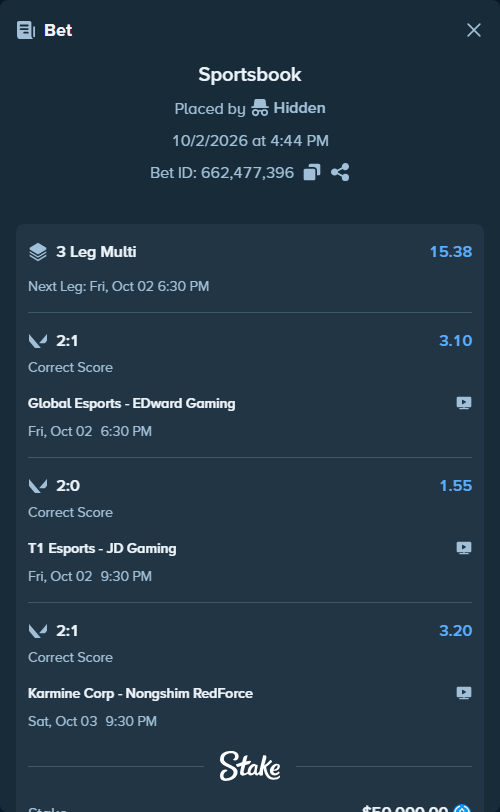 Bet slip: T1 Esports - JD Gaming, $50,000.00 stake at 1.55 odds, placed by Hidden