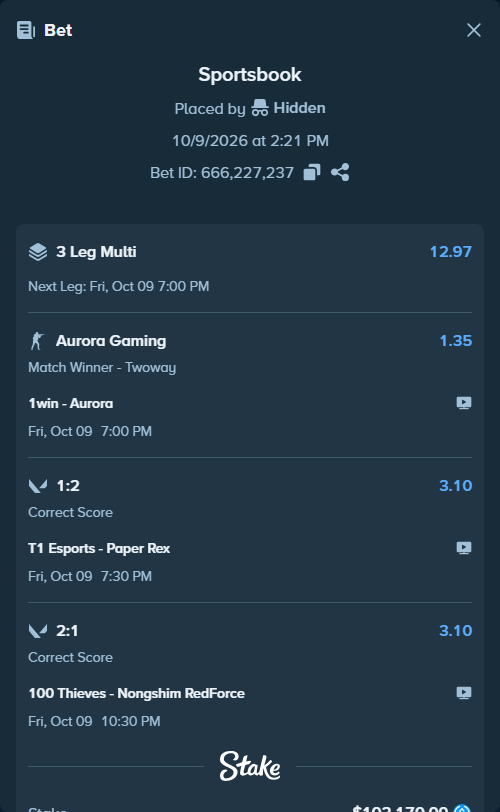 Bet slip: T1 Esports - Paper Rex, $102,170.00 stake at 3.10 odds, placed by Hidden