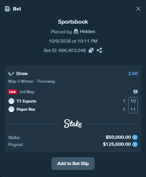 Bet slip: T1 Esports - Paper Rex, $50,000.00 stake at 2.50 odds, placed by Hidden