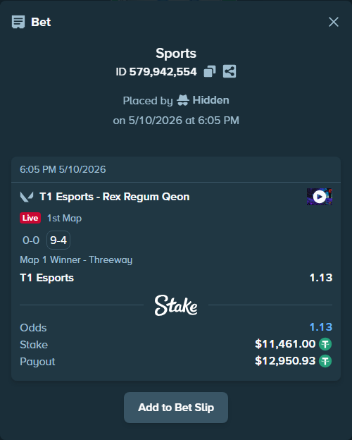Bet slip: T1 Esports - Rex Regum Qeon, $11,461.00 stake at 1.13 odds, placed by Hidden