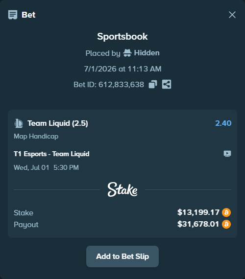 Bet slip: T1 Esports - Team Liquid, $14,203.10 stake at 2.40 odds, placed by Hidden