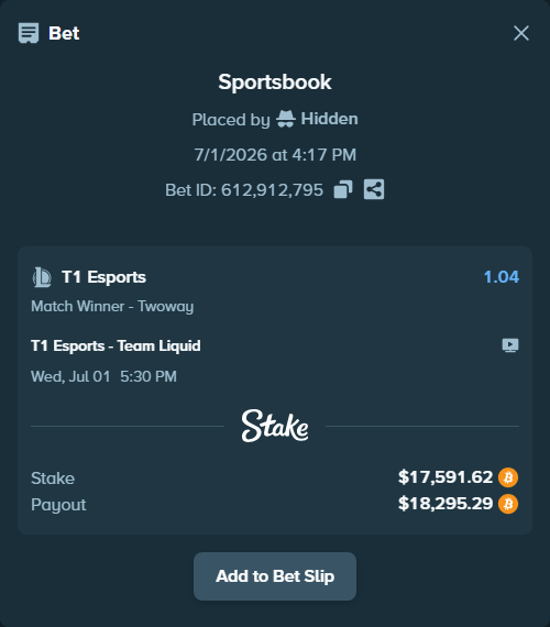 Bet slip: T1 Esports - Team Liquid, $18,819.08 stake at 1.04 odds, placed by Hidden