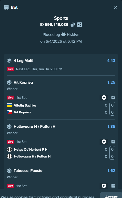 Bet slip: Tabacco, Fausto - Izquierdo Luque, Rafael, $10,000.00 stake at 1.62 odds, placed by Hidden