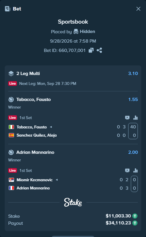 Bet slip: Tabacco, Fausto - Sanchez Quilez, Alejo, $11,000.00 stake at 1.55 odds, placed by Hidden