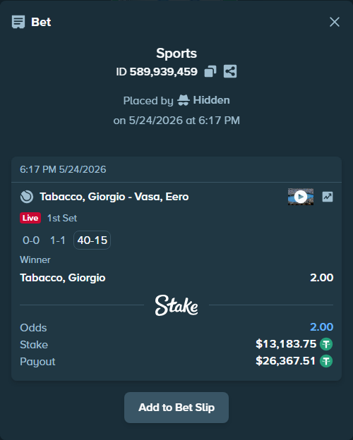 Bet slip: Tabacco, Giorgio - Vasa, Eero, $13,183.75 stake at 2.00 odds, placed by Hidden