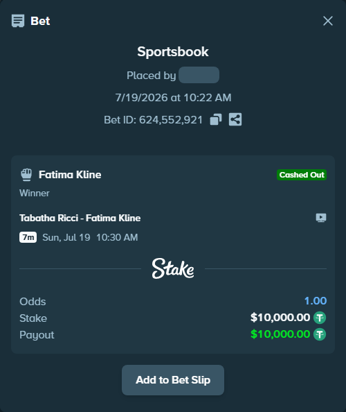 Bet slip: Tabatha Ricci - Fatima Kline, $10,000.00 stake at 1.19 odds, placed by Moepack